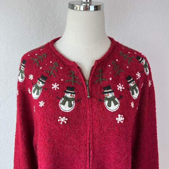 Vintage Y2K Silk & Wool Blend Zip Up Christmas Sweater Snowmen Red size PL - Picture 9 of 11